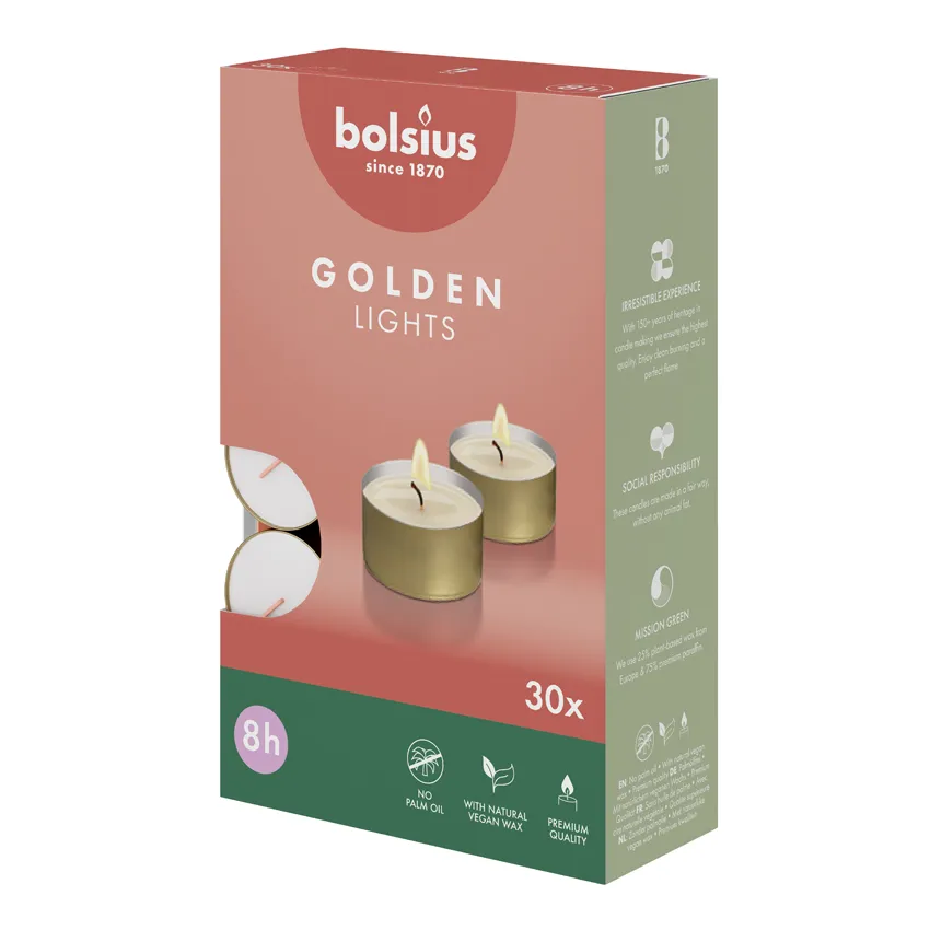 Bolsius Theelichten 8-Uur Wit / Gouden Cup (30 stuks)