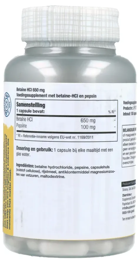 Solaray Betaine Hci 650mg Capsules (100 capsules)