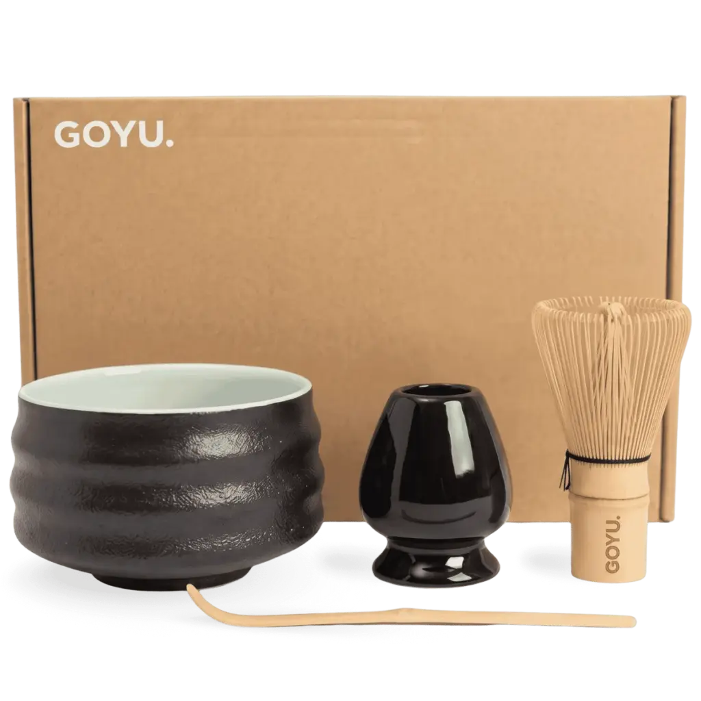 Goyu Matcha Starterset Zwart – Bamboe Klopper, Kom & Lepel (1 set (bamboe klopper, lepel, kom, houder))