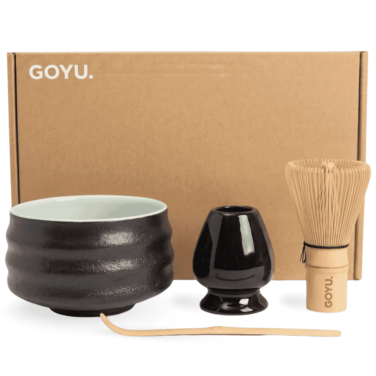 Goyu Matcha Starterset Zwart – Bamboe Klopper, Kom & Lepel (1 set (bamboe klopper, lepel, kom, houder))