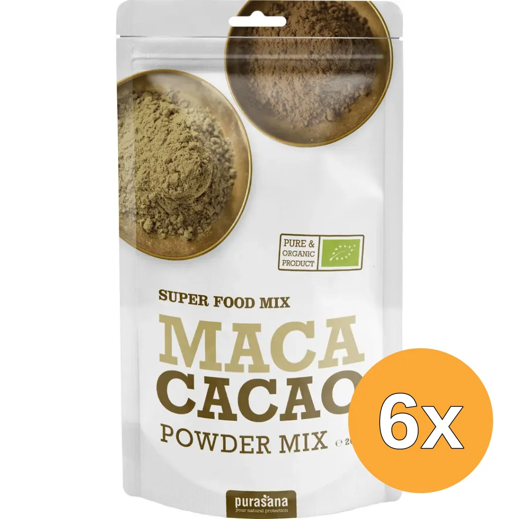 6x Purasana Maca & Cacao Poedermix/Melange Poudre Vegan Bio (200 gr)